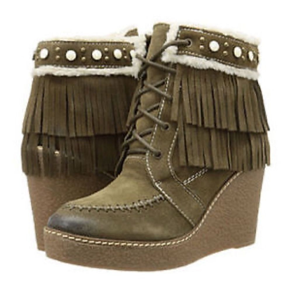 Sam Edelman Kemper Fringe Wedge Boots Green Suede